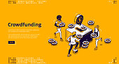 Crowdfunding banner. Concept of financial support business idea and startups, fundraising and sponsorship. Vector landing page with isometric people donate money to box