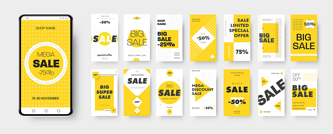 Vector banner of discounts and mega sales on social media and stories. Template with yellow, white and black geometric patterns, square, circle, rhombus, cross. Layout for advertising in online stores