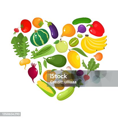 istock Vector banner template heart shaped with cartoon vegetables and fruits. 1350654290