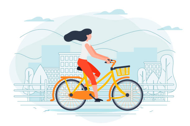 Vector banner template with girl on a bike. Vector banner template with girl on a bike. City, trees and hills on a blue background. cycling drawings stock illustrations