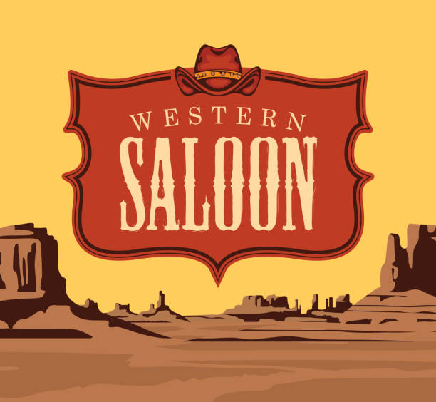 Vector banner with the western saloon emblem Vector banner with the logo of a Western saloon and a cowboy hat on the background of a scenic landscape with desert American prairies. Decorative illustration on the theme of the Wild West desert area symbols stock illustrations