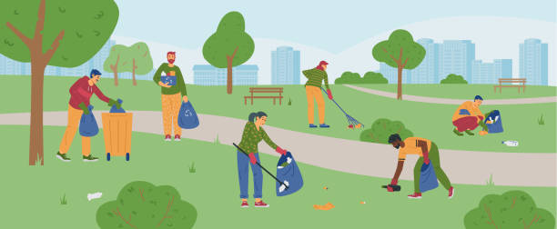 Vector banner with young people who clean up trash at city park. Banner with young people who clean up trash at city park. Male and female volunteers collect garbage into rubbish sacks. Concept of care for cleanliness ecology and environment. kitten litter stock illustrations