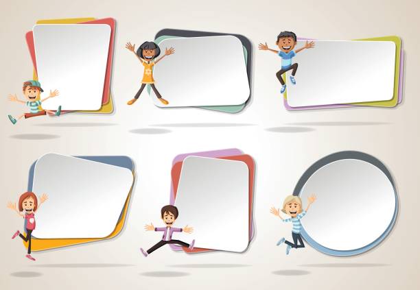 Vector banners / backgrounds with cartoon kids jumping. Vector banners / backgrounds with cartoon kids jumping. Design text box frames. brochure borders stock illustrations