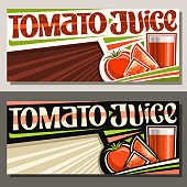 Vector banners for Tomato Juice with copy space, horizontal layouts with illustration of vegan drink in glass, cartoon tomatoes and unique brush lettering for words tomato juice on striped background.
