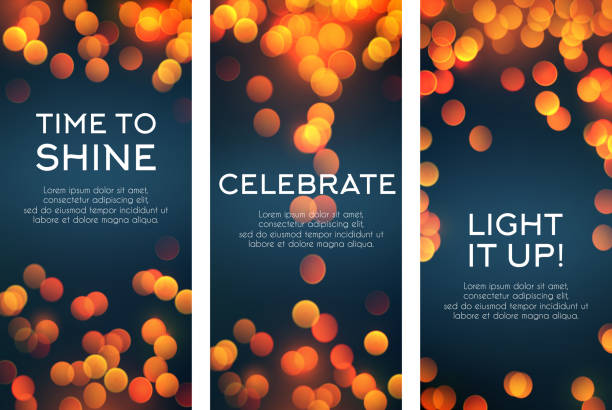 Vector banners set for celebration greetings Greeting banners templates of shining light and sparkling blur for celebration holiday, birthday or wedding love moments. Vector quotes set with glowing golden sparkles and defocused lights date night stock illustrations