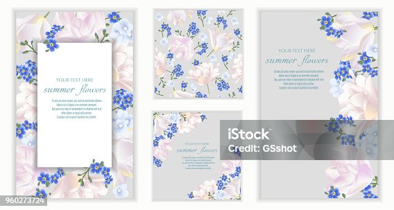 istock Vector banners set with forget me not, tulips and violets flowers. 960273724