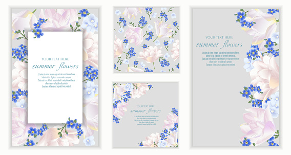 Vector banners set with forget me not, tulips and violets flowers.