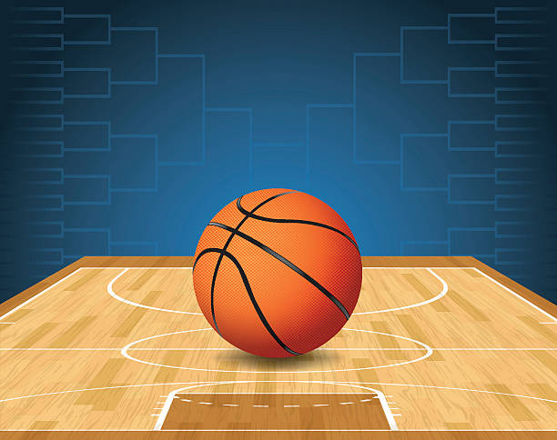 Vector Basketball Court and Ball Tournament Illustration An illustration of a basketball on a court and a tournament bracket in the background. Vector EPS 10. EPS file is layered and contains transparencies. basketball court stock illustrations