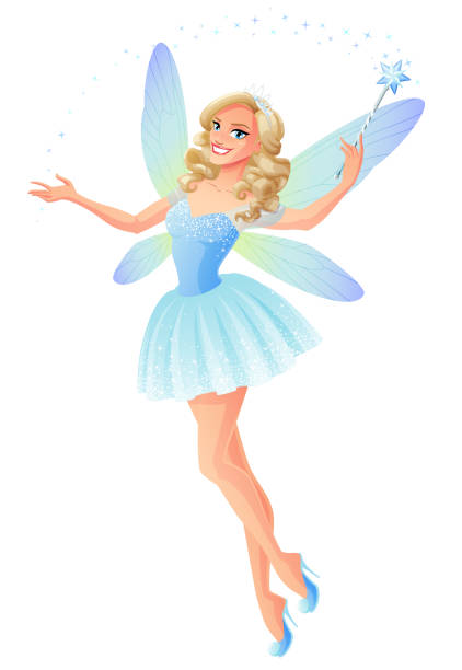 Vector beautiful blue fairy with magic wand and dragonfly wings. Beautiful blue flying and presenting fairy with magic wand and dragonfly wings. Cartoon style vector illustration isolated on white background. fairy stock illustrations