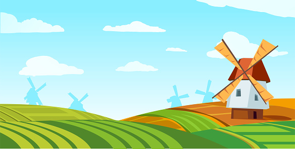 Nature rural landscape with old dutch windmill on green field. Production flour from grain for baking fresh bread in bakery. Vector flat cartoon colorful background fo package.