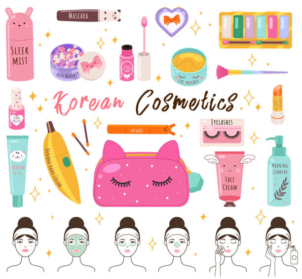 ilustraciones, imágenes clip art, dibujos animados e iconos de stock de conjunto de belleza vectorial. herramientas de cosmética de maquillaje y cosmética coreana. colección de productos de belleza - maquillaje kawaii