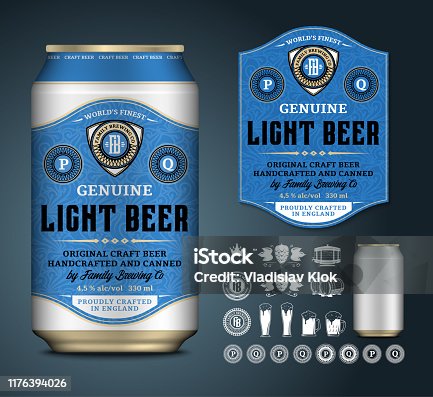 istock Vector beer label. Aluminum can mockup. Beer icons, badges, insignia 1176394026
