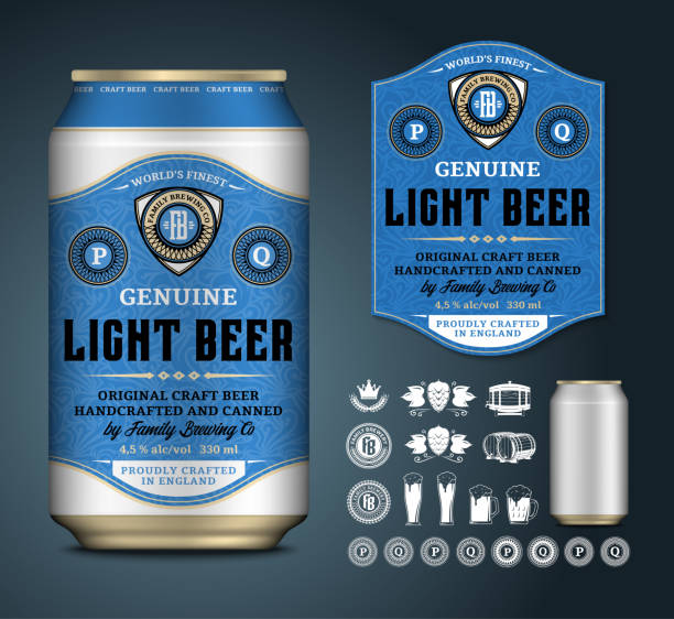 Vector beer label. Aluminum can mockup. Beer icons, badges, insignia Vector light beer label. Realistic aluminum can mockup. Brewing company branding and identity icons, badges, insignia and design elements beer stock illustrations