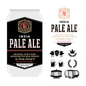 Beer label on aluminum can. Pale ale label. Brewing company branding and identity icons and design elements.