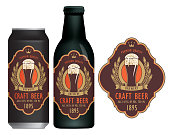 Vector label for craft beer with a overflowing glass of frothy beer, coat of arms, ears of wheat and ribbon in figured frame in retro style. Sample beer label on beer can and beer bottle