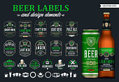 Vector beer labels and design elements. Realistic glass bottle and aluminum can mockup. Brewing company branding and identity icons, badges, insignia and design elements