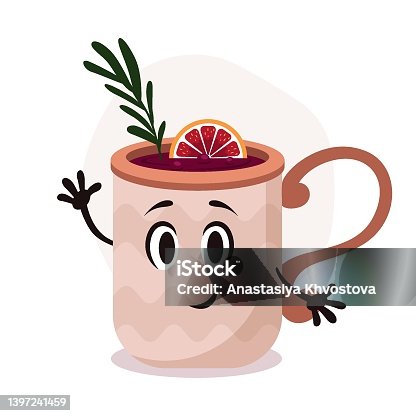 istock Vector big brown cup with hot drink. Mulled wine with rosemary and orange. Funny cartoon mug character with smile. 1397241459