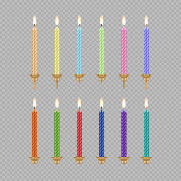 Vector birthday cake candle icon set Vector set of birthday cake candle icons. Burning candles realistic 3d illustration. birthday candle stock illustrations