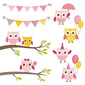 Vector birthday party elements with owls, bunting banners, balloons. Pink, yellow. Girl baby shower, birthday party.