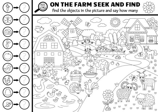 Vector black and white farm searching game with rural countryside landscape. Spot hidden objects, say how many. Simple on the farm seek and find and counting activity or coloring page Vector black and white farm searching game with rural countryside landscape. Spot hidden objects, say how many. Simple on the farm seek and find and counting activity or coloring page printable cow stock illustrations