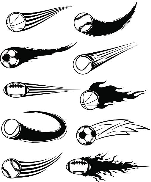 Vector black and white flying balls with motion trails Vector set of various sport balls with motion trails storm silhouettes stock illustrations