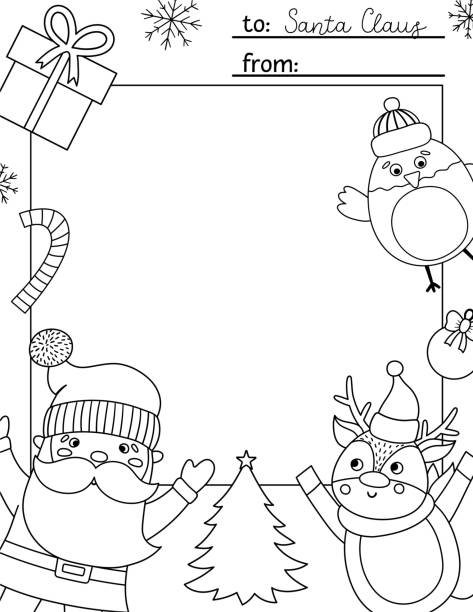 Vector black and white letter to Santa Claus template. Cute Christmas card design. Winter frame layout for kids with funny characters. Festive background or coloring page with place for text. Vector black and white letter to Santa Claus template. Cute Christmas card design. Winter frame layout for kids with funny characters. Festive background or coloring page with place for text. coloring book pages templates stock illustrations