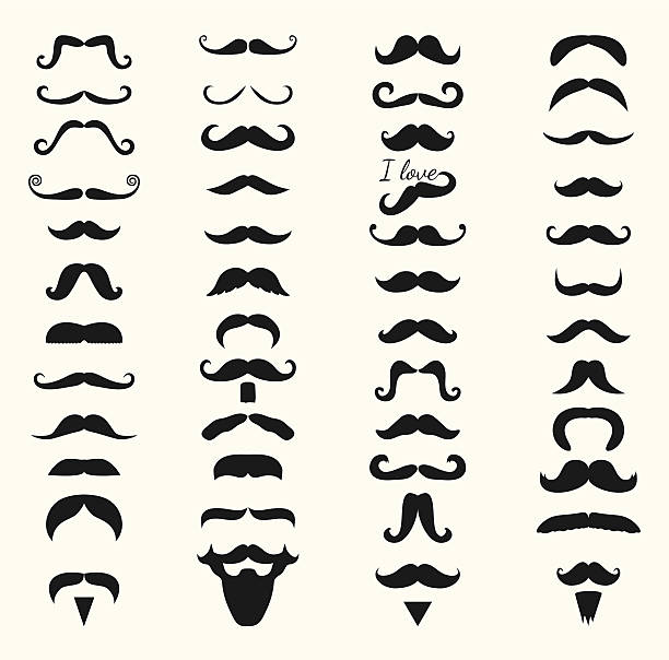 Vector Black and White mustache icon set Black and White Hipster Moustache Icon Set. Vector Illustration animal whisker stock illustrations