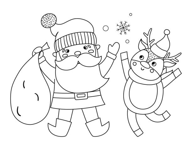 Vector black and white Santa Claus with sack, deer and snowflakes. Cute winter Father Frost illustration isolated on white background. Character for Christmas, New Year or winter design. Funny line icon Vector black and white Santa Claus with sack, deer and snowflakes. Cute winter Father Frost illustration isolated on white background. Character for Christmas, New Year or winter design. Funny line icon christmas coloring stock illustrations