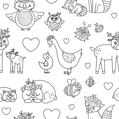 Vector black and white seamless pattern with cute boho baby animals and parents. Funny line woodland animal repeating background. Mothers Day digital paper. Mother and child outline texture