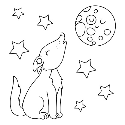 Vector black and white wolf howling at the moon. Funny outline night scene with woodland animal. Cute forest line illustration or coloring page