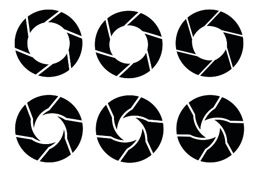 Vector black camera shutter icons set on white background