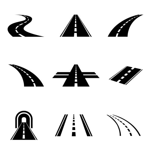 Vector black car road icons set Vector black car road icons set. Highway symbols. Road signs road silhouettes stock illustrations
