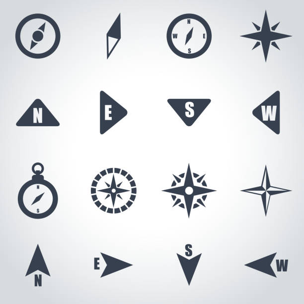 Vector black compass icon set Vector black compass icon set on grey background west direction stock illustrations