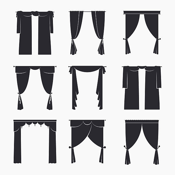 Vector black curtain icons Vector black curtain icons on white background. Interior design elements window silhouettes stock illustrations