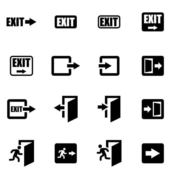 Vector black exit icon set Vector black exit icon set on white background evacuation stock illustrations