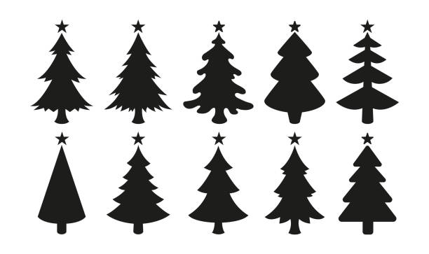 Vector black icons of christmas trees with stars Black vector icons of christmas trees isolated on white background. Black silhouettes of christmas trees with a stars at the top. christmas tree outline stock illustrations