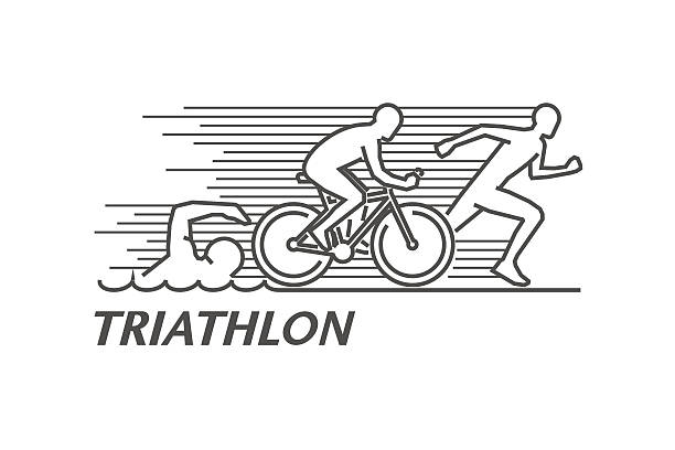 Vector black line logo triathlon. Vector black line logo triathlon. Figures triathletes on a white background. Swimming, cycling and running symbol. Open path. triathlon stock illustrations