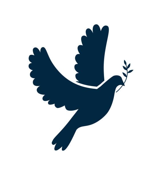 Vector black silhouette of a flying dove with olive branch on a white background. Flying bird. Peace concept. Vector simple icon for presentation, training, marketing, design, web. Vector black silhouette of a flying dove with olive branch on a white background. Flying bird. Peace concept. Vector simple icon for presentation, training, marketing, design, web. christian democratic union stock illustrations