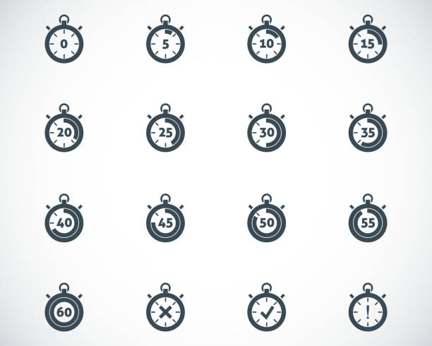 векторные иконки набор черный секундомер - 20 24 года stock illustrations