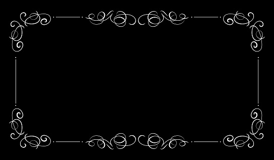 Vector Black Vintage Background, Blank Frame, Filigree Swirls, White Elegant.