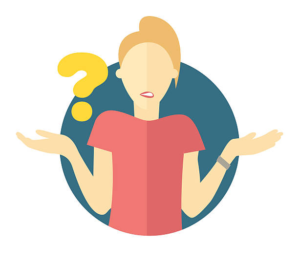Vector blonde woman with a question mark Vector blonde woman with a question mark. Girl doubts. "I don't know" expression questioning face stock illustrations