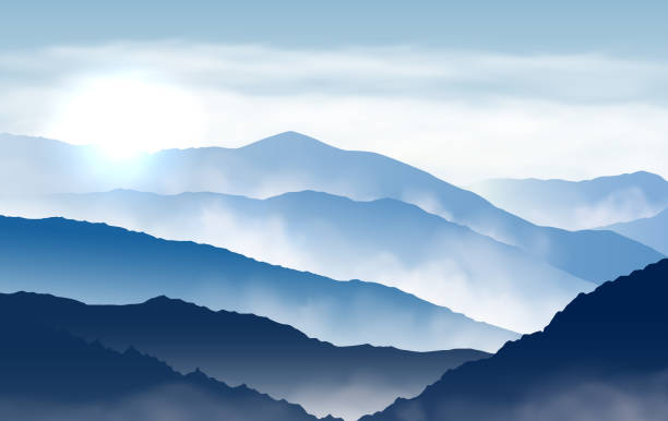 Vector blue beautiful foggy mountains with sun and clouds in the sky Vector blue beautiful foggy mountains with sun and clouds in the sky mountains in mist stock illustrations