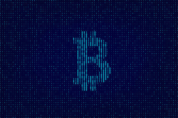 ilustraciones, imágenes clip art, dibujos animados e iconos de stock de fondo de código vector azul con signo de bitcoin. - bitcoin
