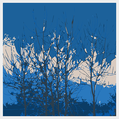 Vector blue engraving art style tree branch illustration background