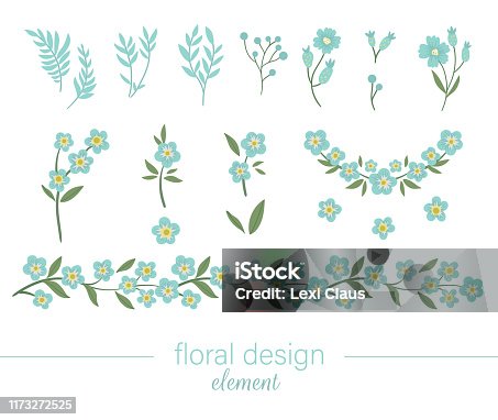 istock Vector blue floral clip art set. Flat trendy illustration with flowers, leaves, branches. Meadow, woodland, forest garden elements isolated on white background. Hand drawn forget-me-not 1173272525