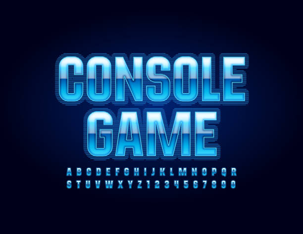 ilustrações, clipart, desenhos animados e ícones de emblema de incandescência azul do vetor jogo do console com letra maiúscula. alfabeto do estilo de techno - gamer