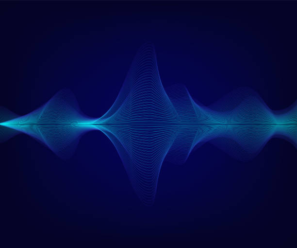 Vector blue shiny sound wave on dark blue background. Tecnology illustration.  electromagnetic stock illustrations