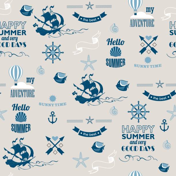 vector blue vintage calligraphic pattern summer holidays retro newspaper style vector seamless pattern for print, wallpaper, textile cycling borders stock illustrations