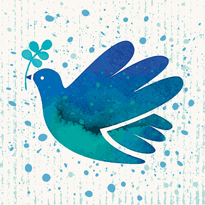 Vector watercolor dove of peace with splattered paint drops over a craft paper texture. Peace and hope greeting card. Fresh and modern design. Blue splattered hand paint.