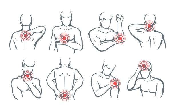 Vector body painful parts Vector body painful parts. Pain and trauma illustration images with red circles icons on man shoulder and back, arm and neck disease symbols chronic pain stock illustrations